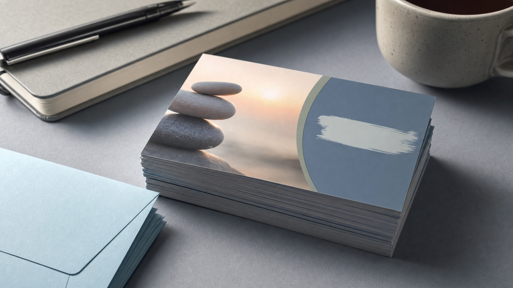 A stack of blank brochures with smooth stones on the cover sits on a desk beside a notebook, pen, and cup.