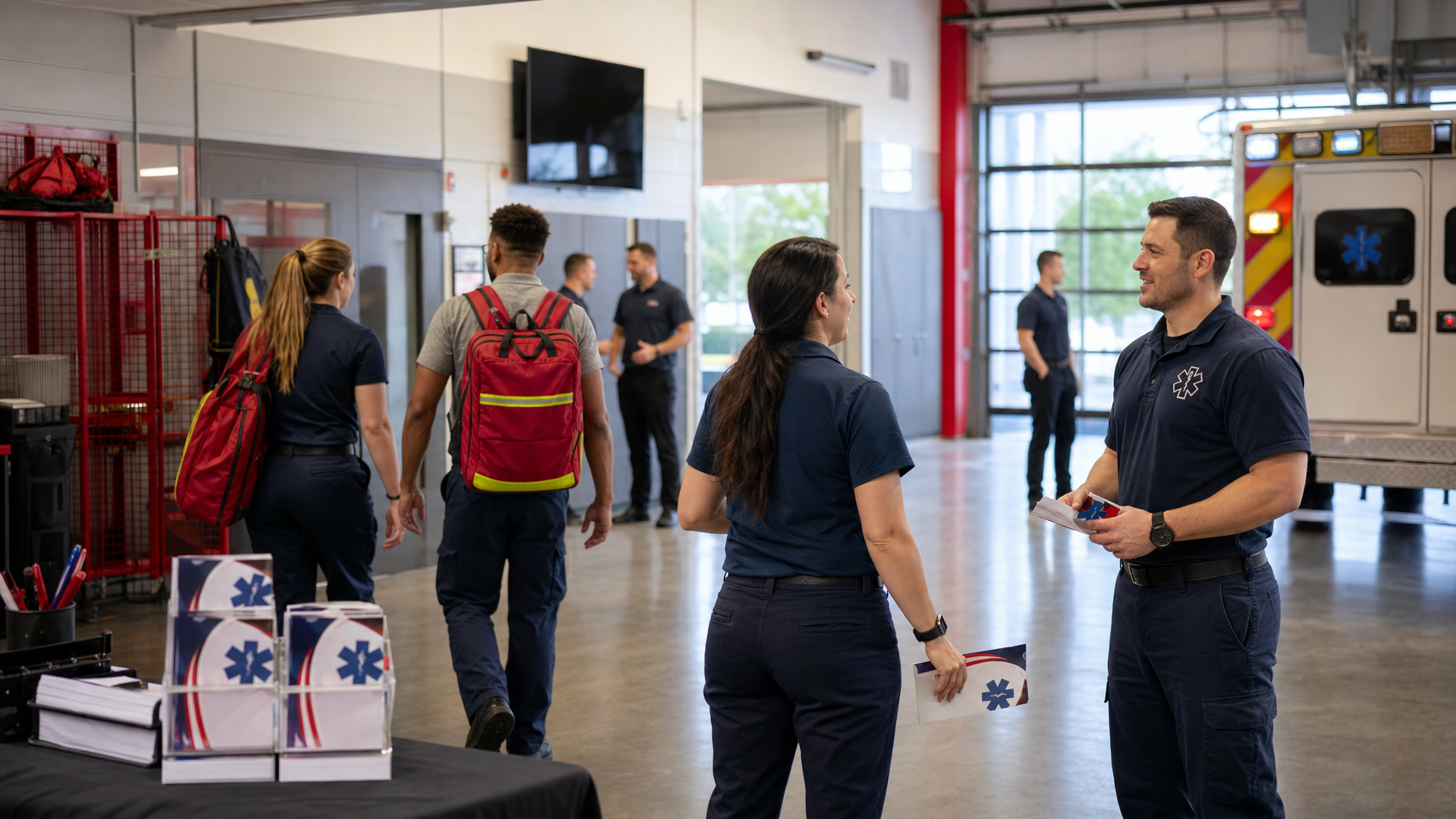 EMS personnel converse inside a station beside an ambulance, with medical gear, backpacks, and pamphlets on display.