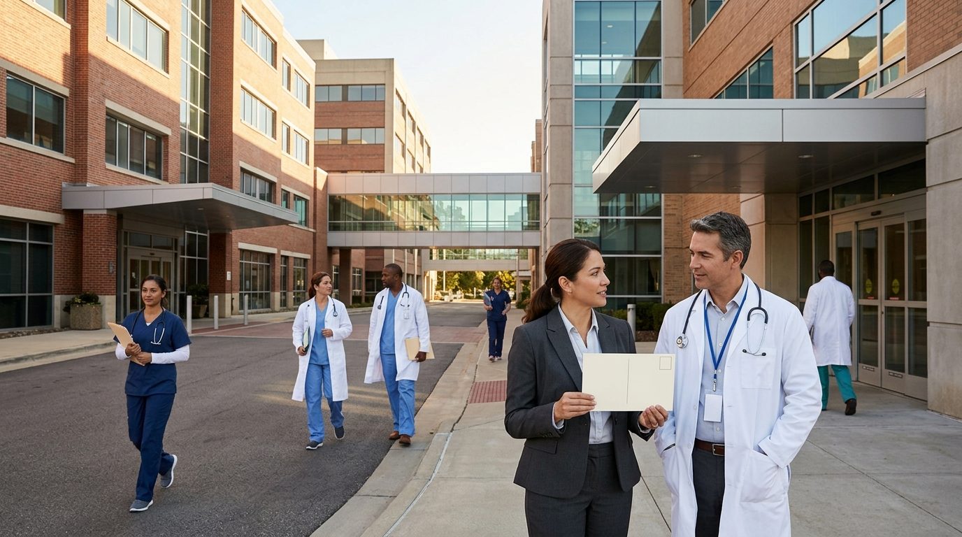 Healthcare workers walk outside a large medical campus while a suited woman holds a blank postcard beside a physician.