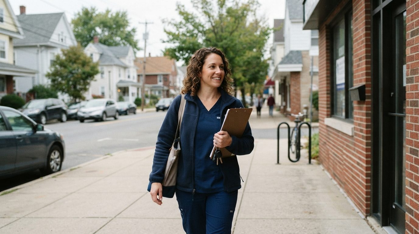 A nurse in medical scrubs walks along a residential sidewalk carrying a clipboard, keys, and a shoulder bag, with parked cars and houses beside a brick building.
