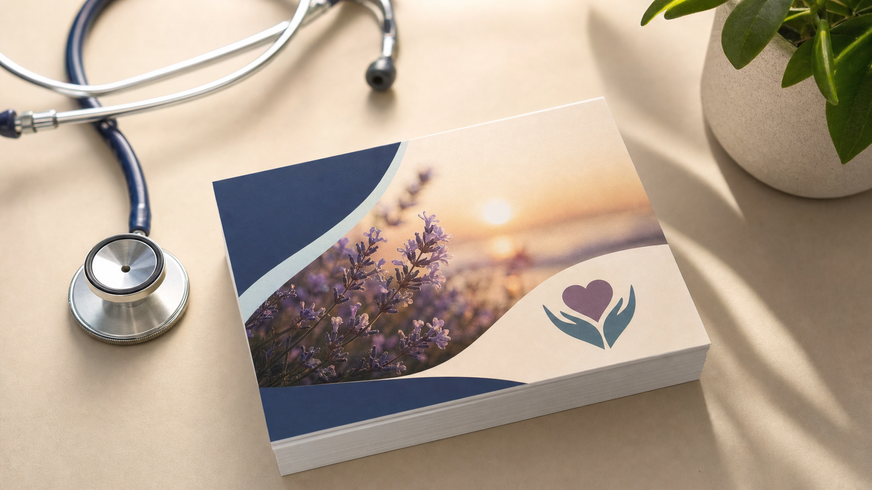 A stethoscope lies beside a healthcare booklet with a flower photograph and a heart-and-hands symbol on a sunlit tabletop.
