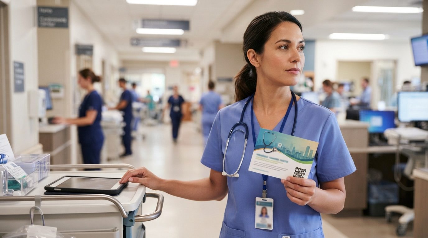 A healthcare worker in blue scrubs and a stethoscope holds a printed card beside a medical cart in a hospital corridor.