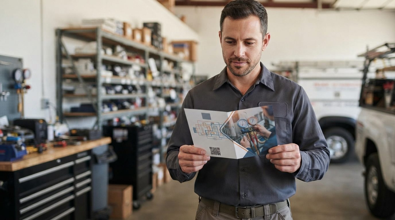 A worker in a parts-filled workshop reads a folded mailer beside a service vehicle and tool cabinets.