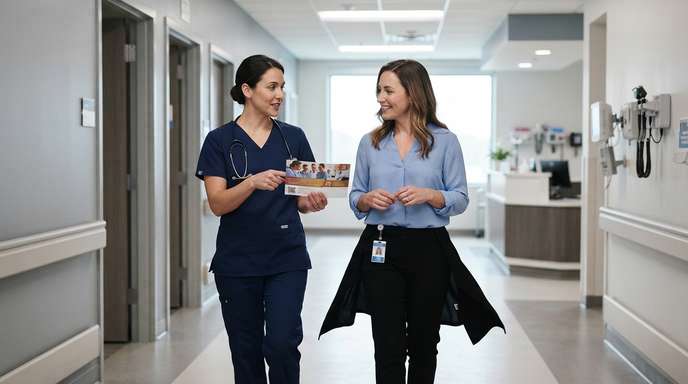 A nurse in scrubs and a colleague walk through a hospital corridor while looking at a printed leaflet.