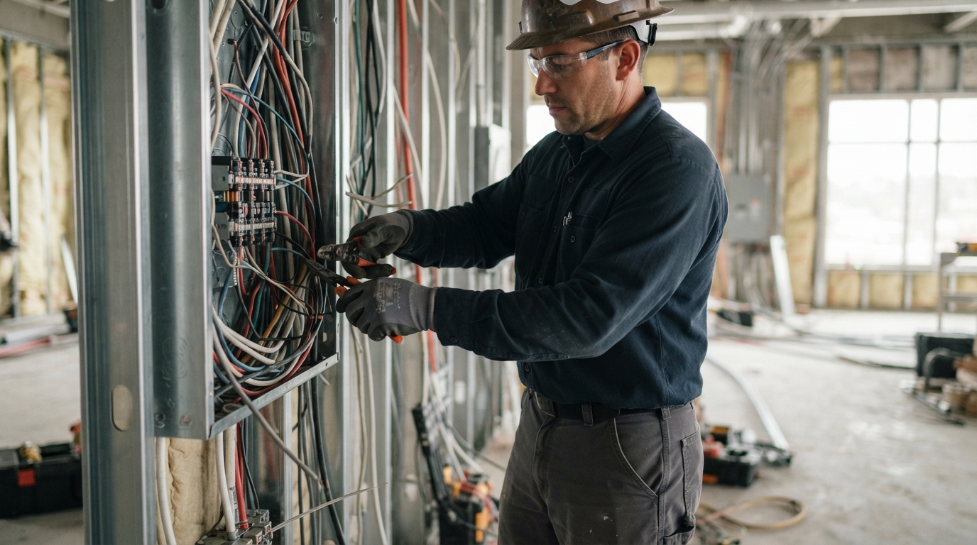 A worker wearing a hard hat, safety glasses, gloves, and dark work clothes uses pliers on bundled electrical wires in an unfinished building.