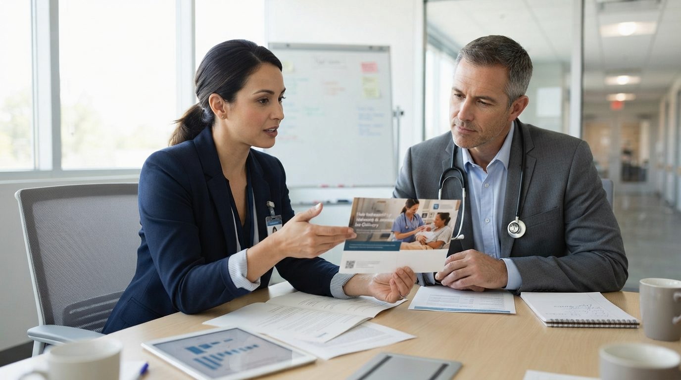 Two healthcare professionals discuss a printed brochure at a table in a bright medical office; the brochure shows a healthcare worker with a patient.