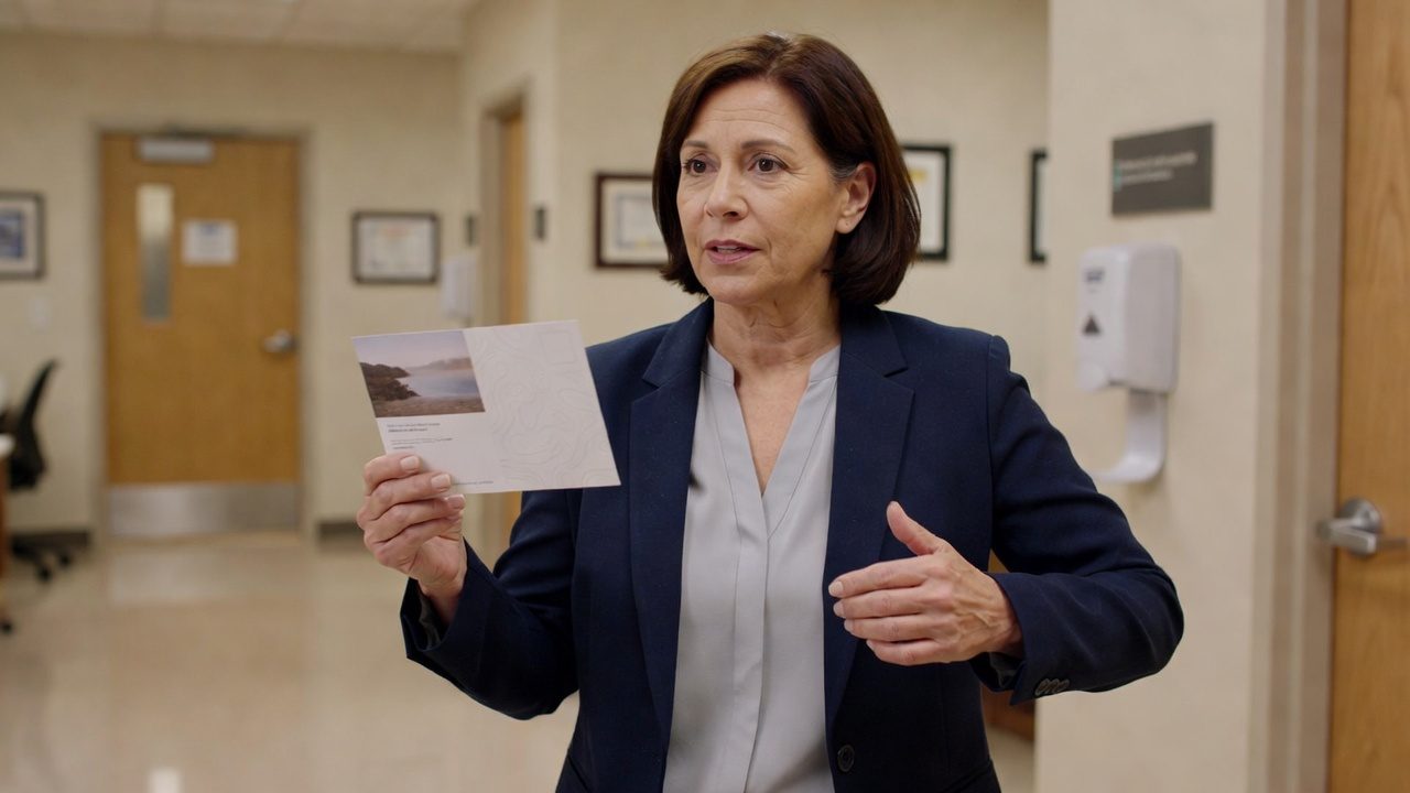 A woman in a blazer holds a brochure and gestures in an institutional hallway.