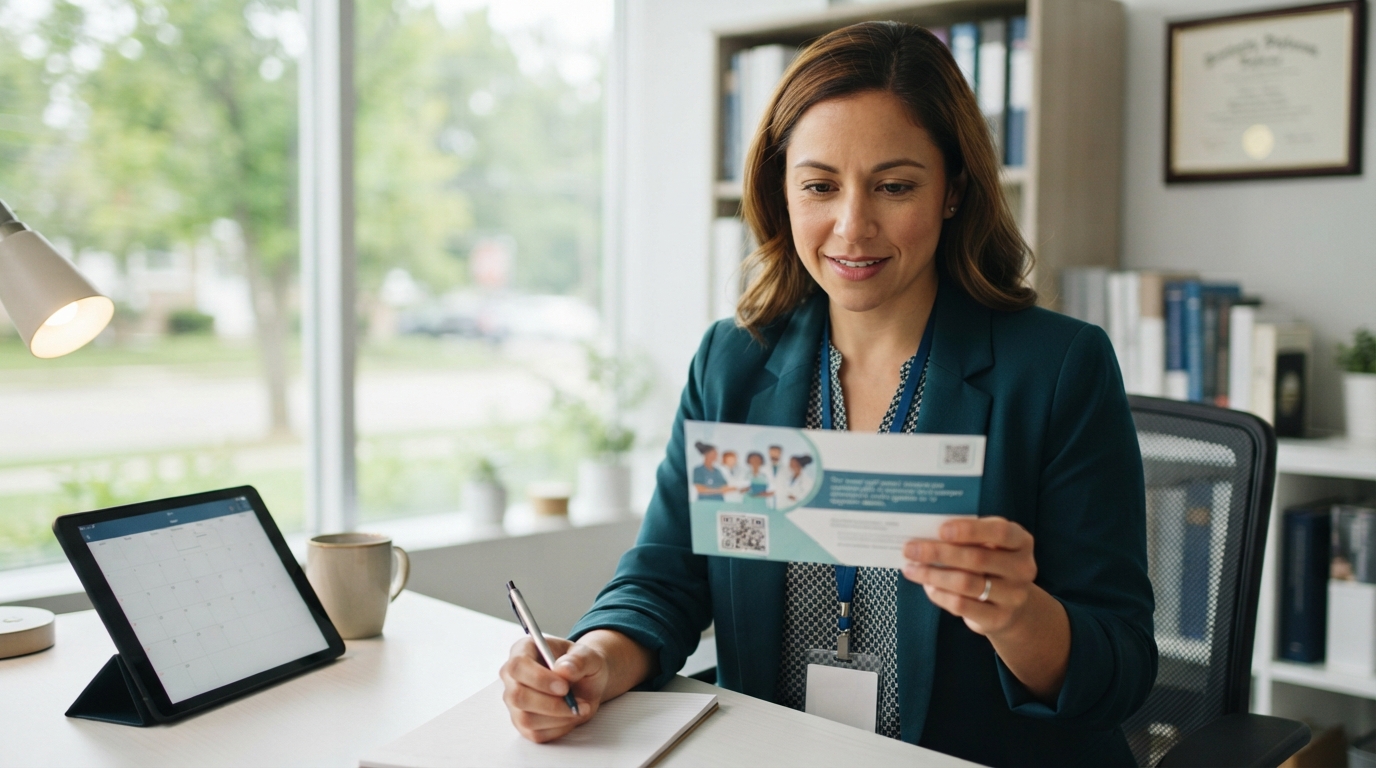 A woman in a teal blazer sits at an office desk beside a window reading a recruiting postcard, with a tablet, notebook and pen in front of her.