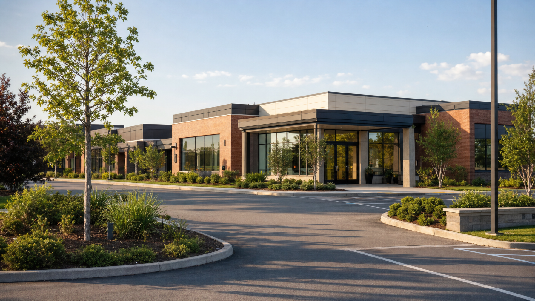Modern brick-and-glass commercial building with a covered entrance, surrounded by landscaped plantings and a paved parking lot under a clear sky.