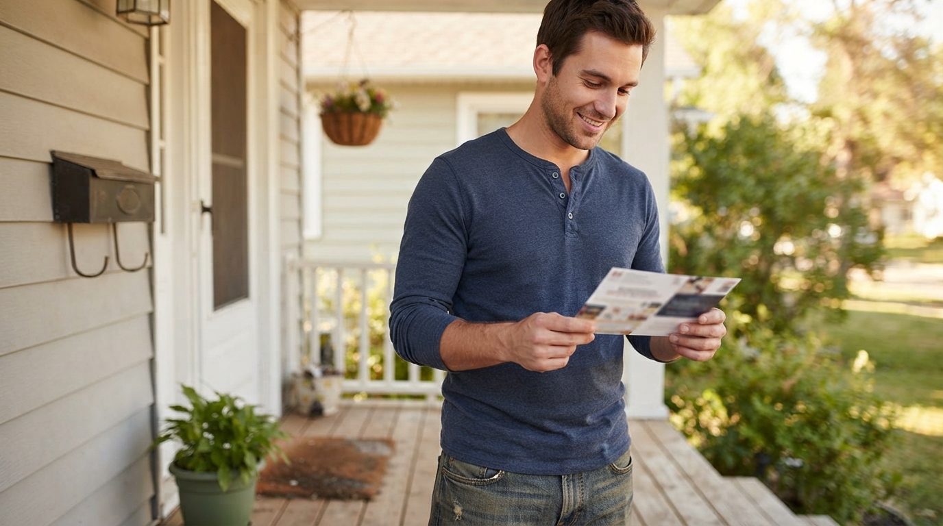A man reads a printed mailer while standing on the porch of a house.