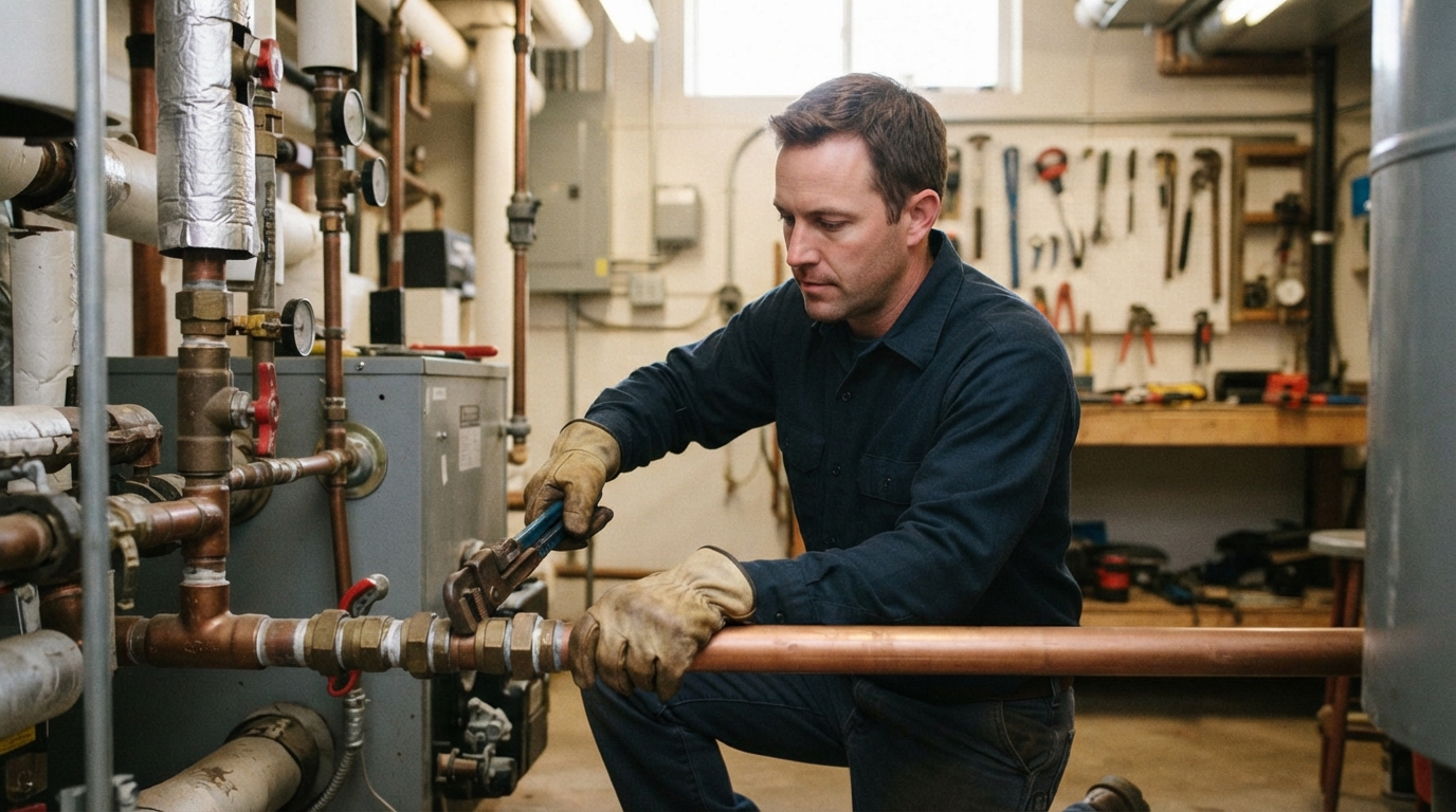 A plumber in work clothes uses a pipe wrench on copper piping in a mechanical room with exposed pipes, gauges, and tools.