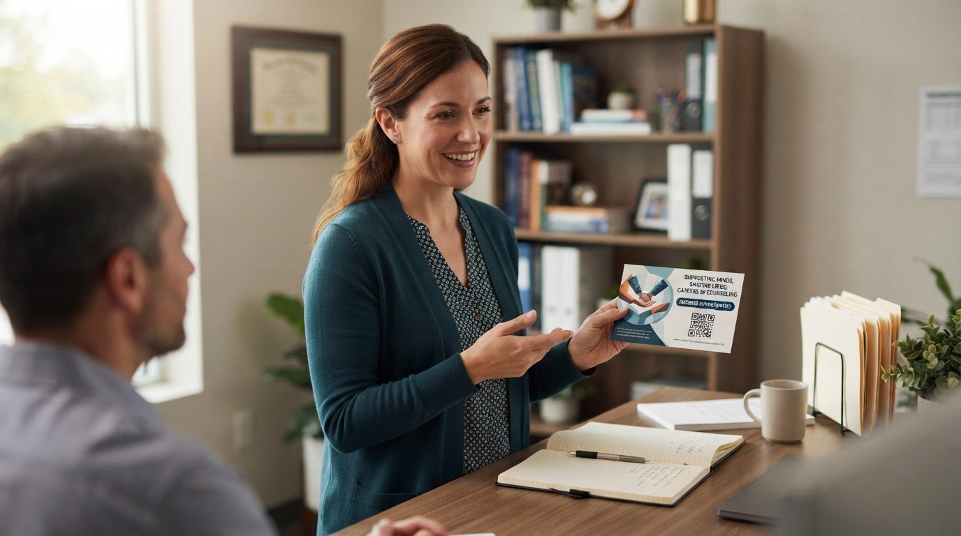 A woman in an office holds up a printed flyer with a QR code while speaking with a seated man.
