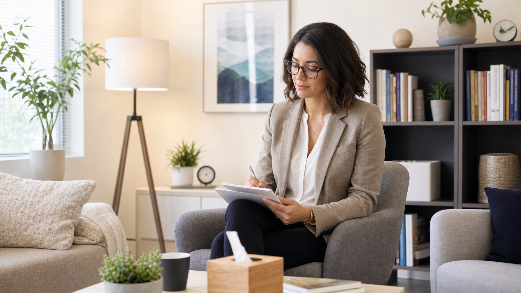 A woman wearing glasses writes in a notebook while seated in an armchair in a warmly furnished counseling-style room with bookshelves and sofas.