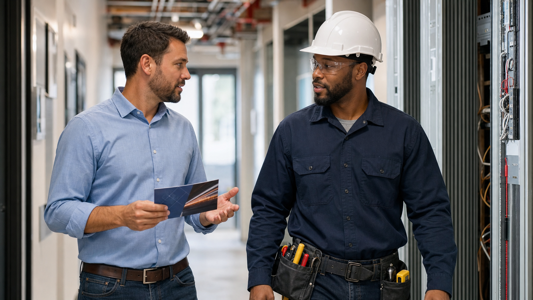 An electrician in a hard hat and tool belt talks with a man holding an open brochure beside an electrical panel in an industrial corridor.