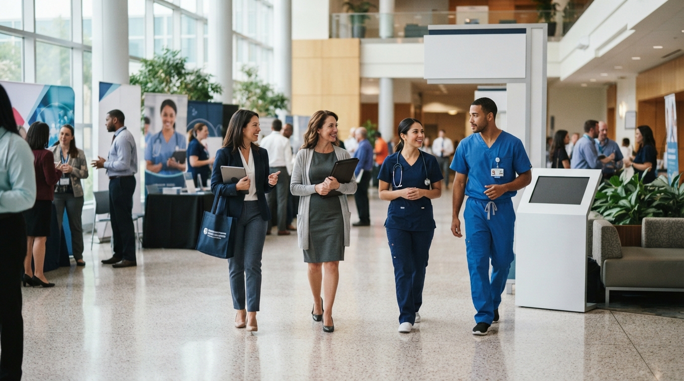 Healthcare workers and businesspeople walk through a bright hospital lobby or atrium, with booths and banners in the background.