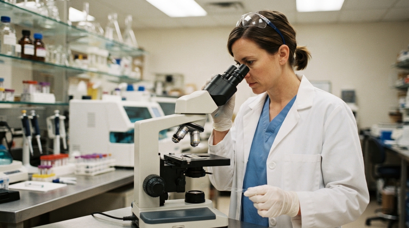A gloved laboratory worker in a white coat looks through a microscope while holding a small glass slide in a stocked laboratory.
