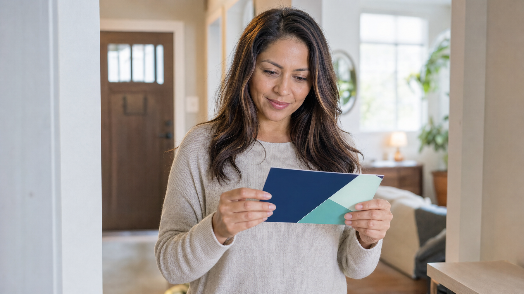 A woman reads a blue and teal card while standing in a bright home interior.