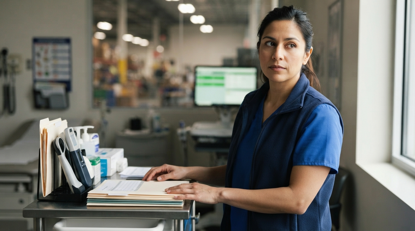 A healthcare worker in blue scrubs handles patient files on a medical cart in a clinical treatment area.