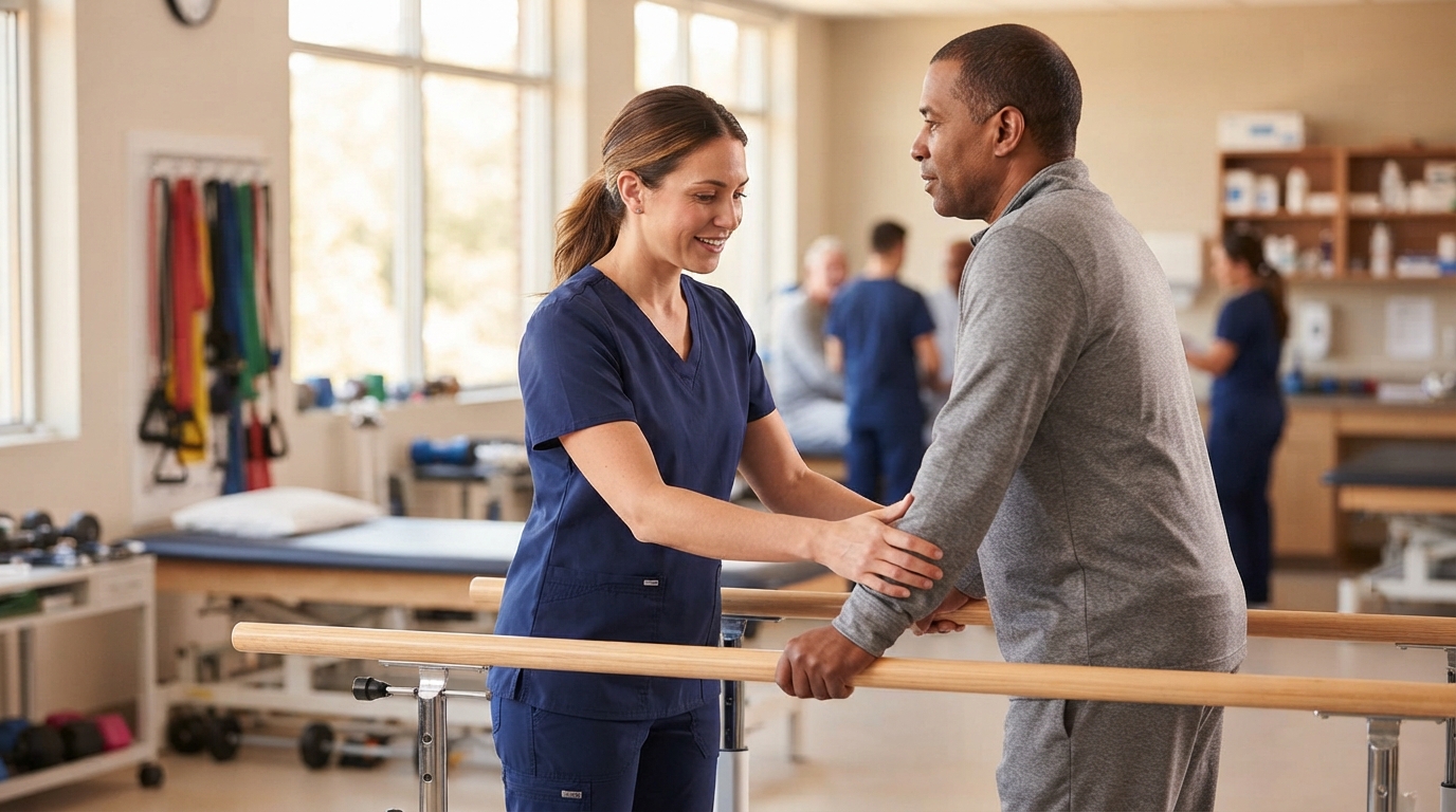 A clinician in scrubs guides a man using parallel bars in a rehabilitation room, with therapy equipment and other people in the background.