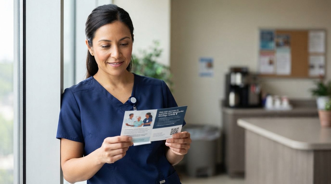 A healthcare worker in navy scrubs reads a printed flyer near a bright window in a clinic reception area.