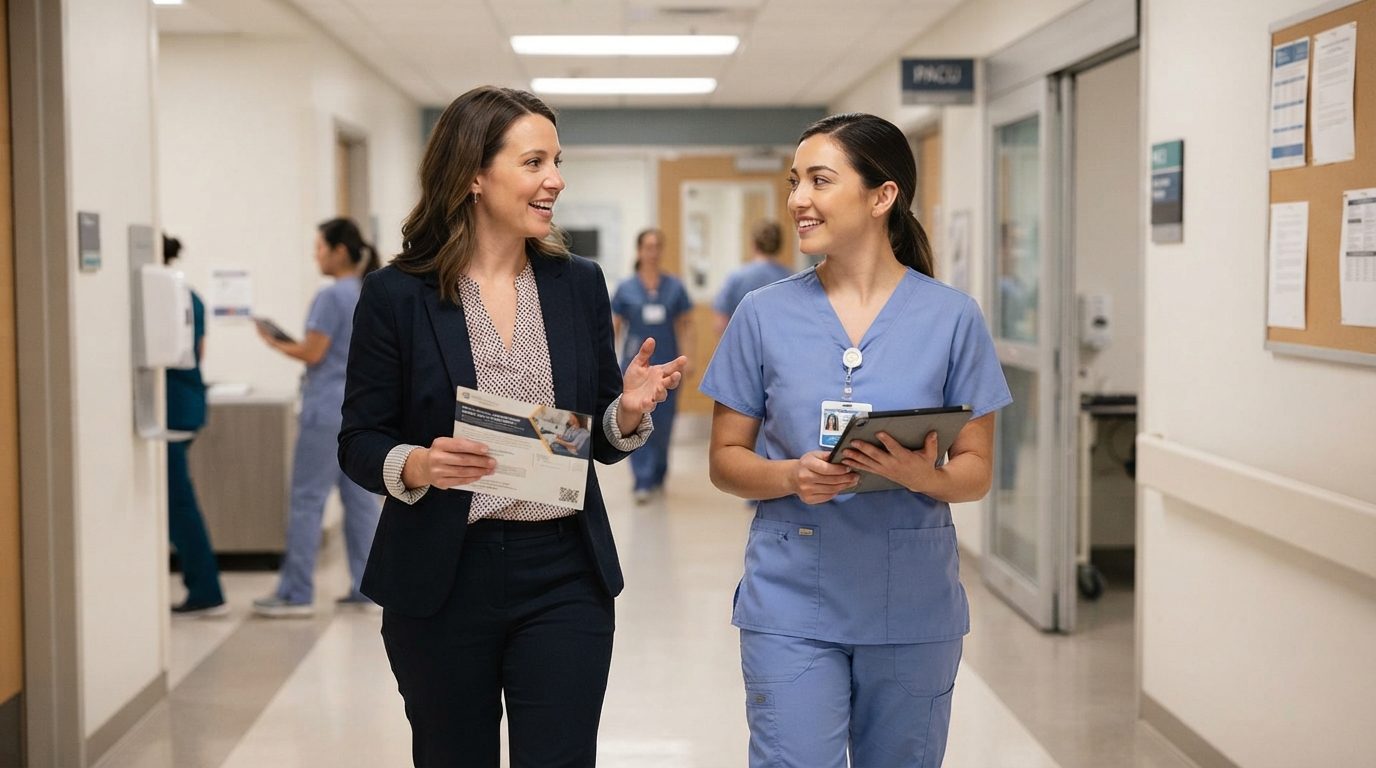 A nurse in blue scrubs walks beside a woman holding a printed mailer in a hospital corridor.