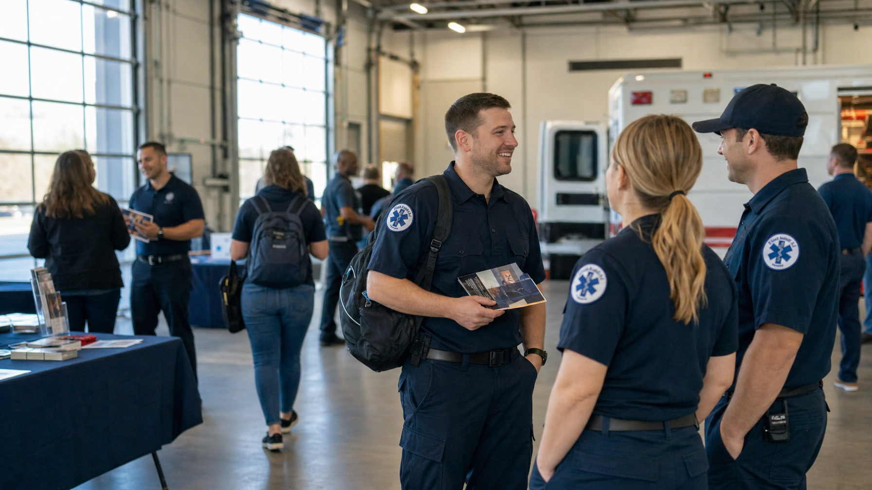 Paramedics in navy uniforms talk while holding brochures in an ambulance garage, with an emergency vehicle and other people behind them.