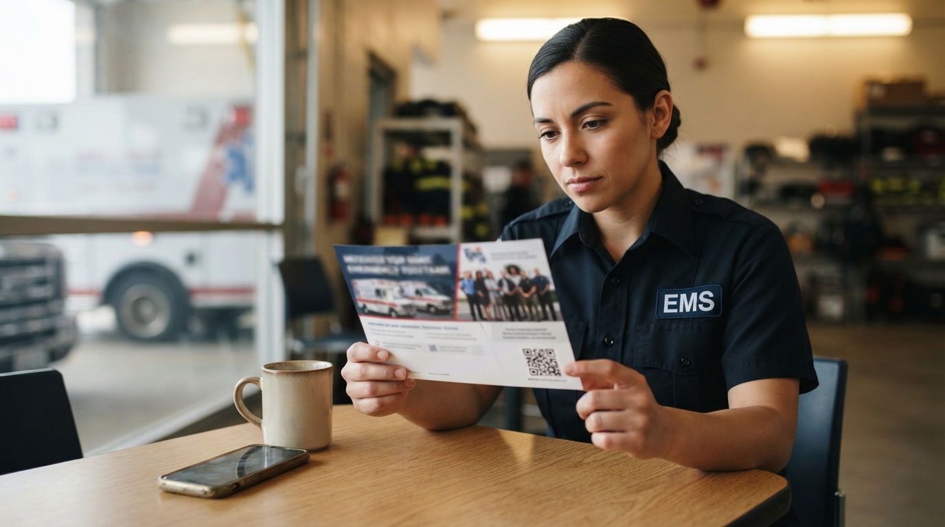 A paramedic in a navy EMS uniform sits at a table in an ambulance bay reading a folded recruiting mailer, an ambulance parked behind her.