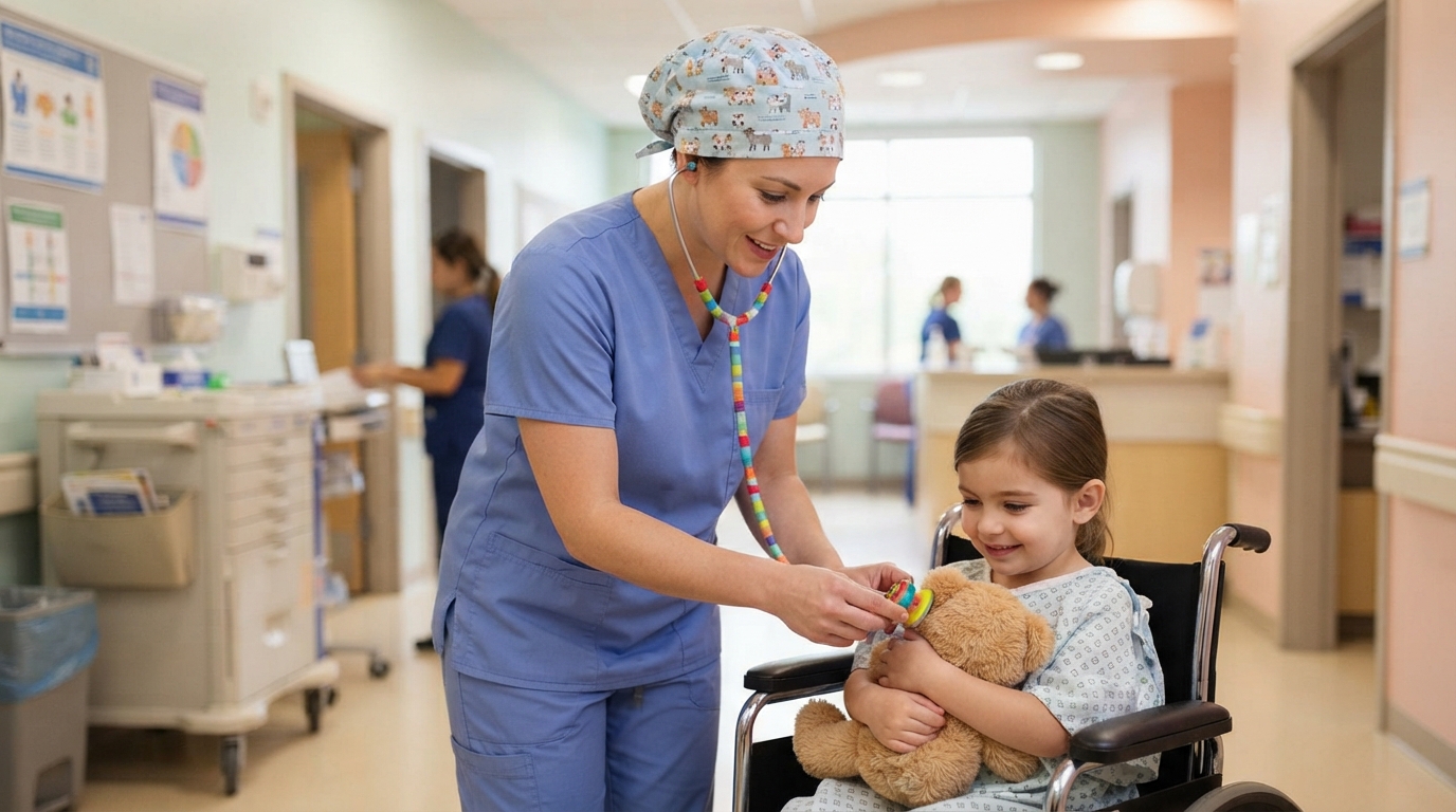 A nurse in blue scrubs and a patterned cap tends to a child in a wheelchair holding a teddy bear in a bright hospital corridor.