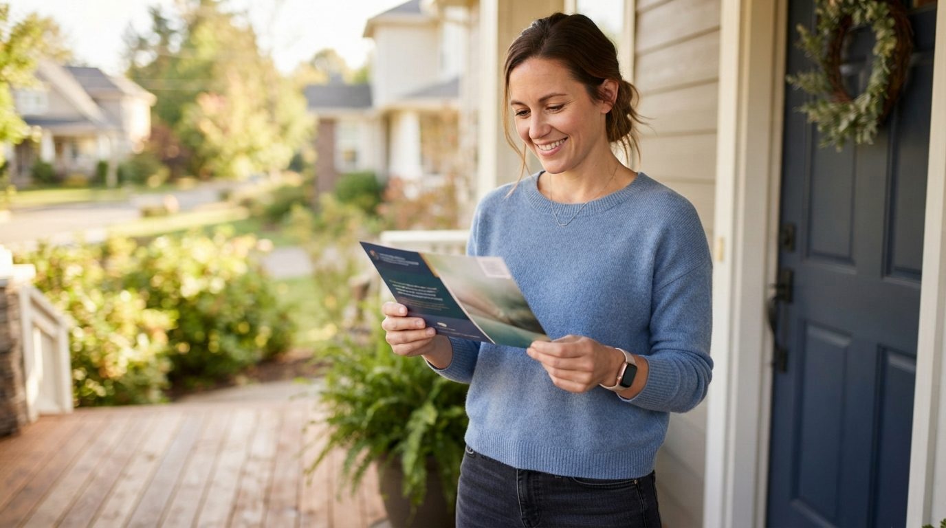 A smiling woman reads a postcard while standing on the porch of a suburban home.