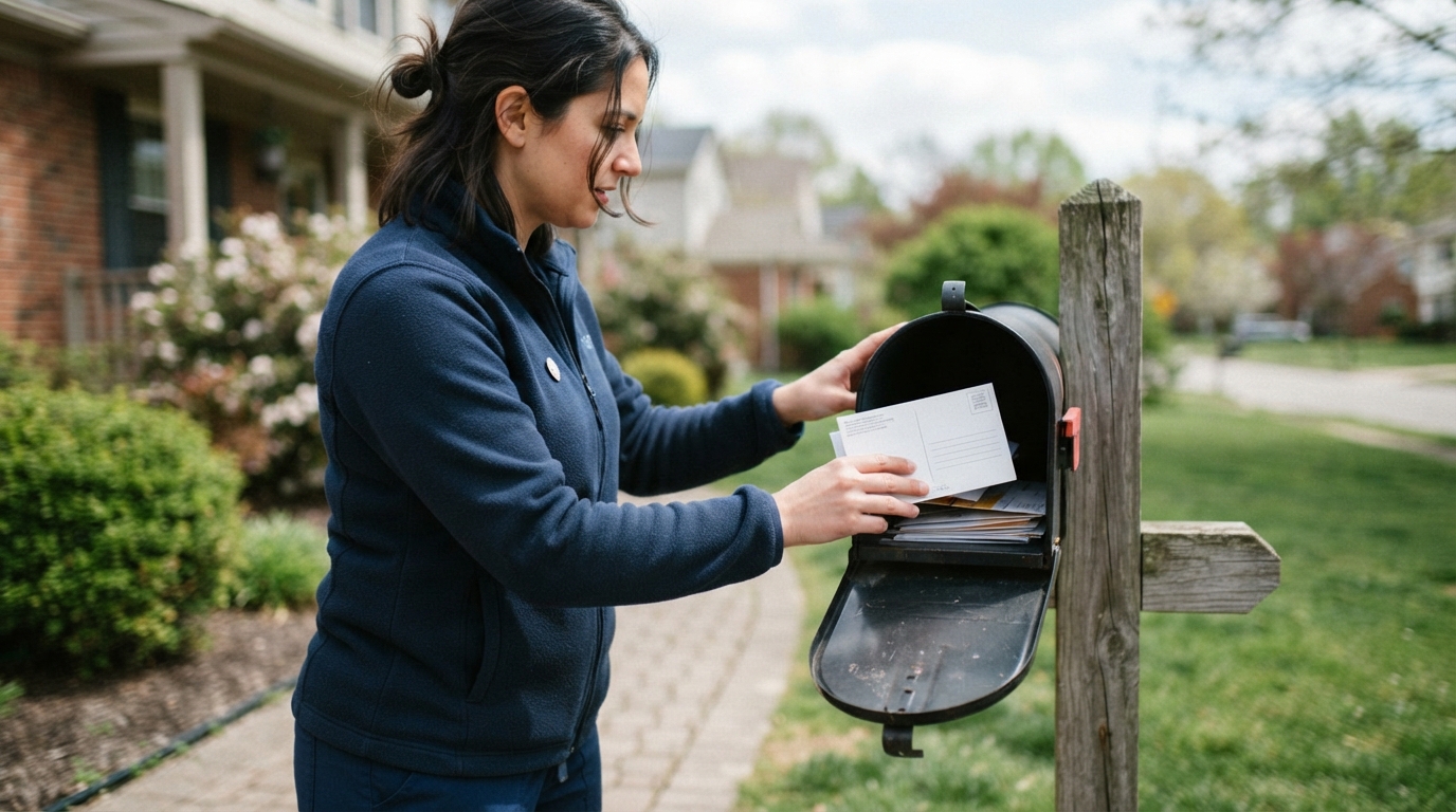 A person places envelopes and papers into an open mailbox beside a sidewalk in a suburban front yard.
