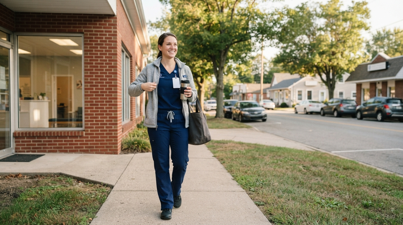 A healthcare worker in scrubs walks along a sidewalk outside a brick medical building, carrying a coffee cup and tote bag.