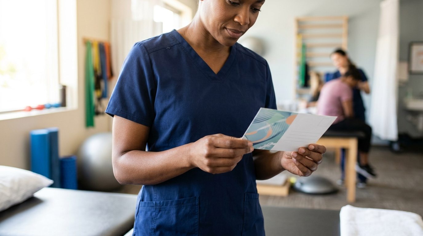A person in navy scrubs holds a postcard in a physical therapy clinic, with therapy equipment and two people in the background.