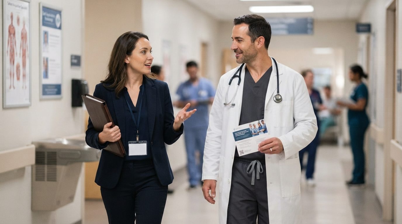 A clinician in a white coat holds a printed mailer while walking beside a woman with a clipboard in a hospital corridor.
