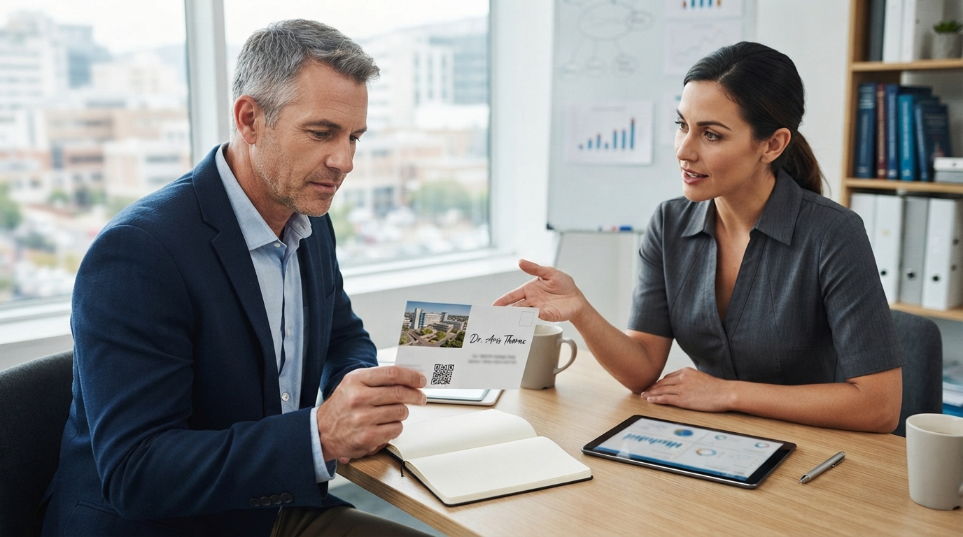 Recruiter reviewing a direct mail postcard with a healthcare professional