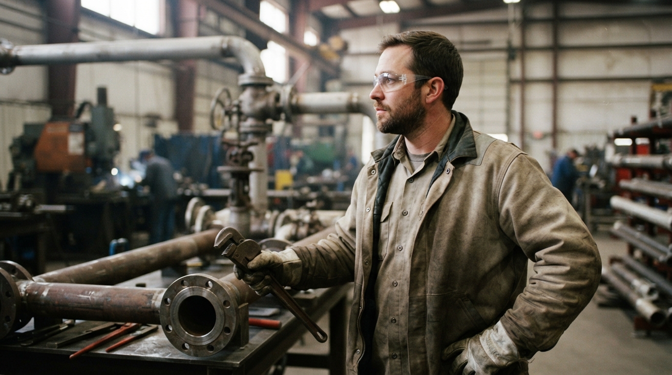 A worker wearing safety glasses and gloves uses a pipe wrench beside large metal pipes in an industrial workshop.