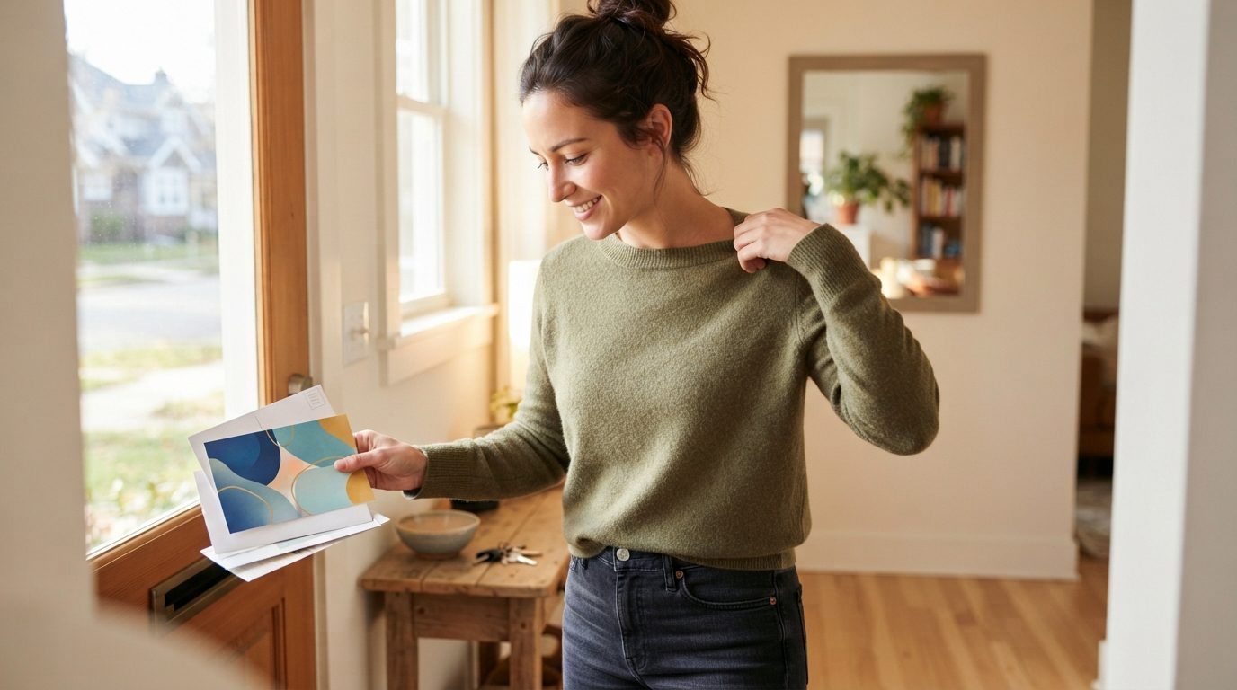 A woman in a sweater holds a stack of papers beside a sunlit window in a home interior.