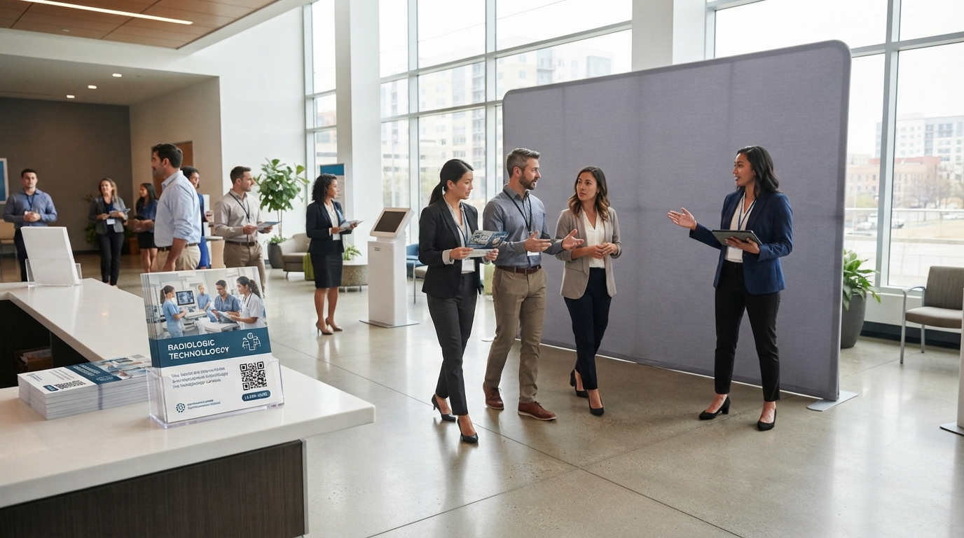 People converse in a bright modern lobby beside a tabletop display of brochures and a QR-coded flyer.