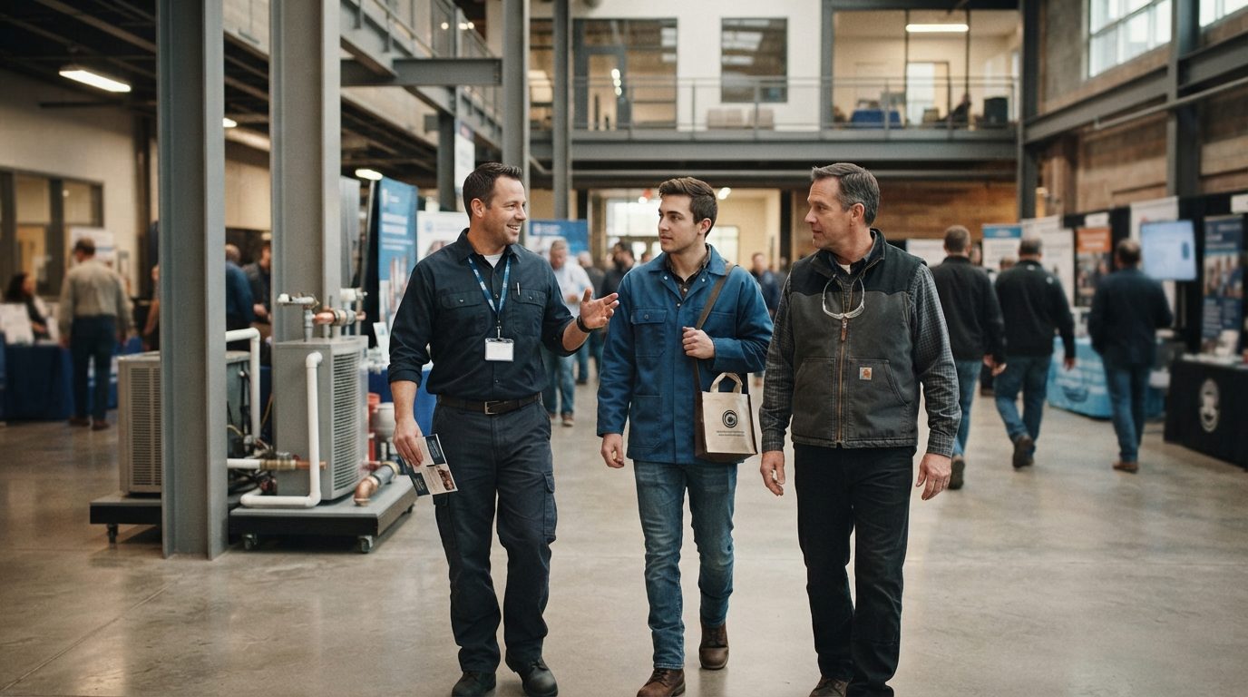 Three men in workwear walk and talk through a busy industrial trade show, with HVAC equipment and exhibition booths around them.