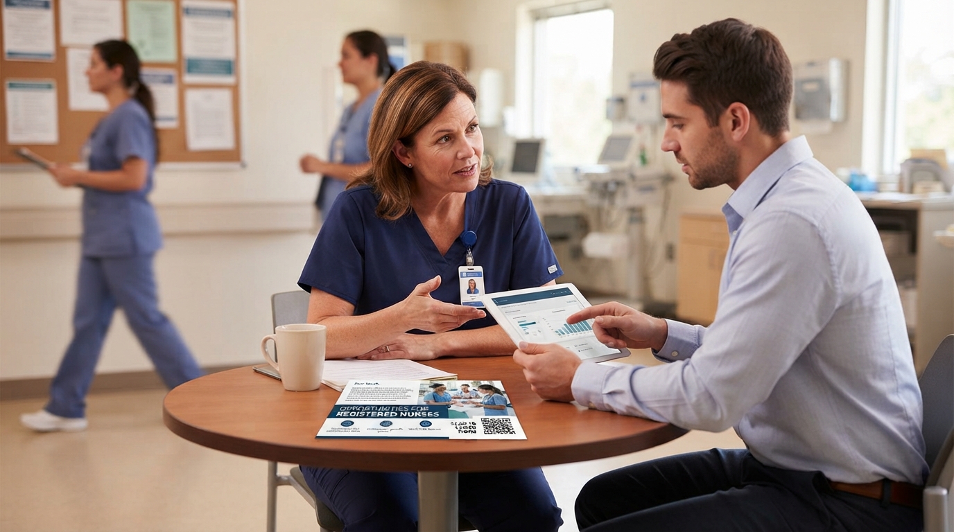 A nurse in navy scrubs talks with a colleague across a table in a hospital unit, a recruiting postcard and a tablet showing charts on the table between them.
