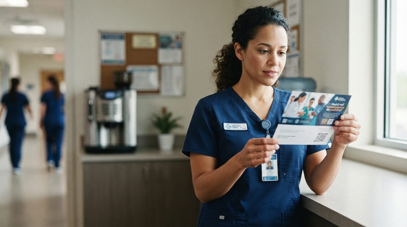 A healthcare worker in blue scrubs reads a printed flyer beside a counter in a hospital corridor, with two blurred people in the background.
