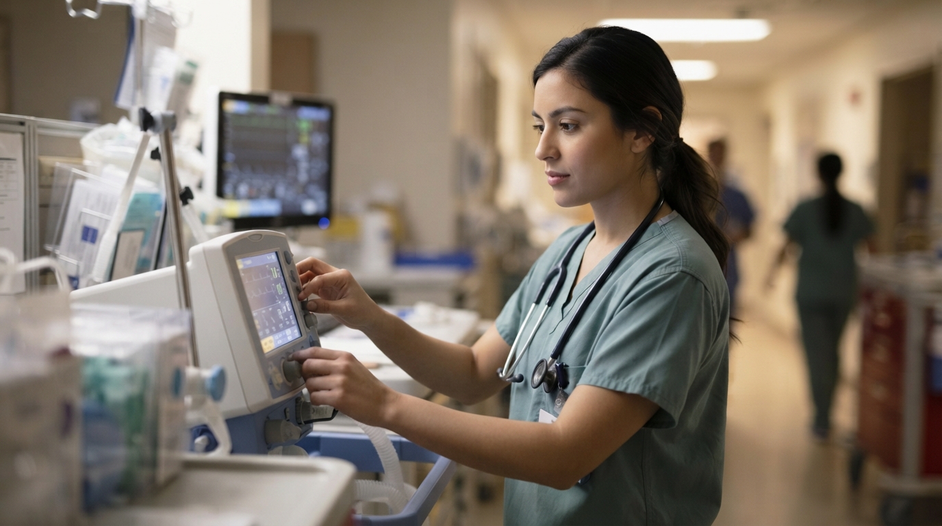 A healthcare worker in scrubs adjusts a bedside medical monitor in a hospital corridor, with equipment and blurred staff in the background.
