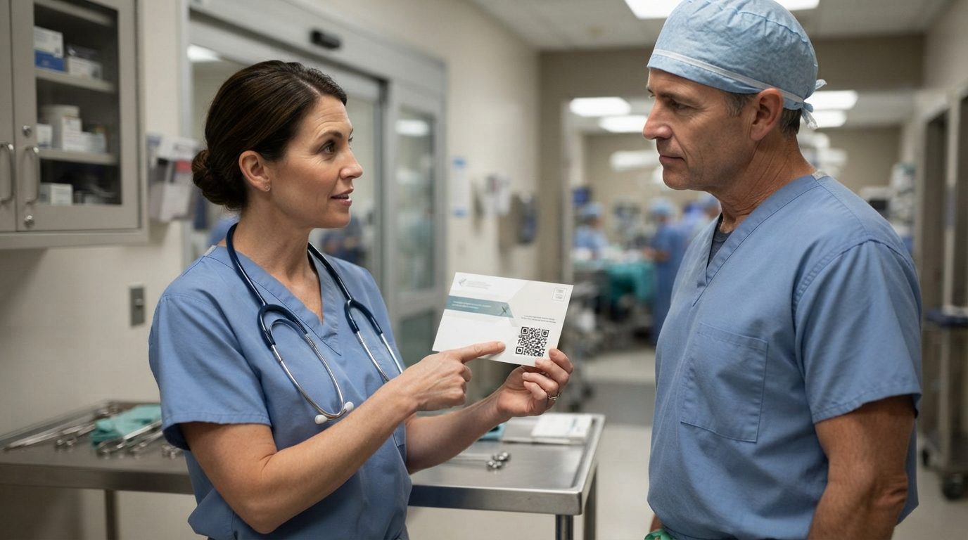 Two healthcare workers in scrubs converse in a clinical procedure area while one points to a card with a QR code.