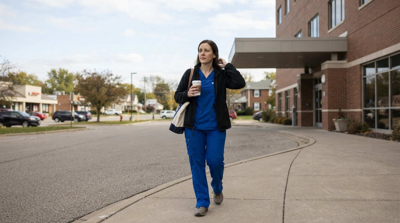 A healthcare worker in blue scrubs walks along a sidewalk outside a brick medical building, carrying a tote bag and a takeaway cup.