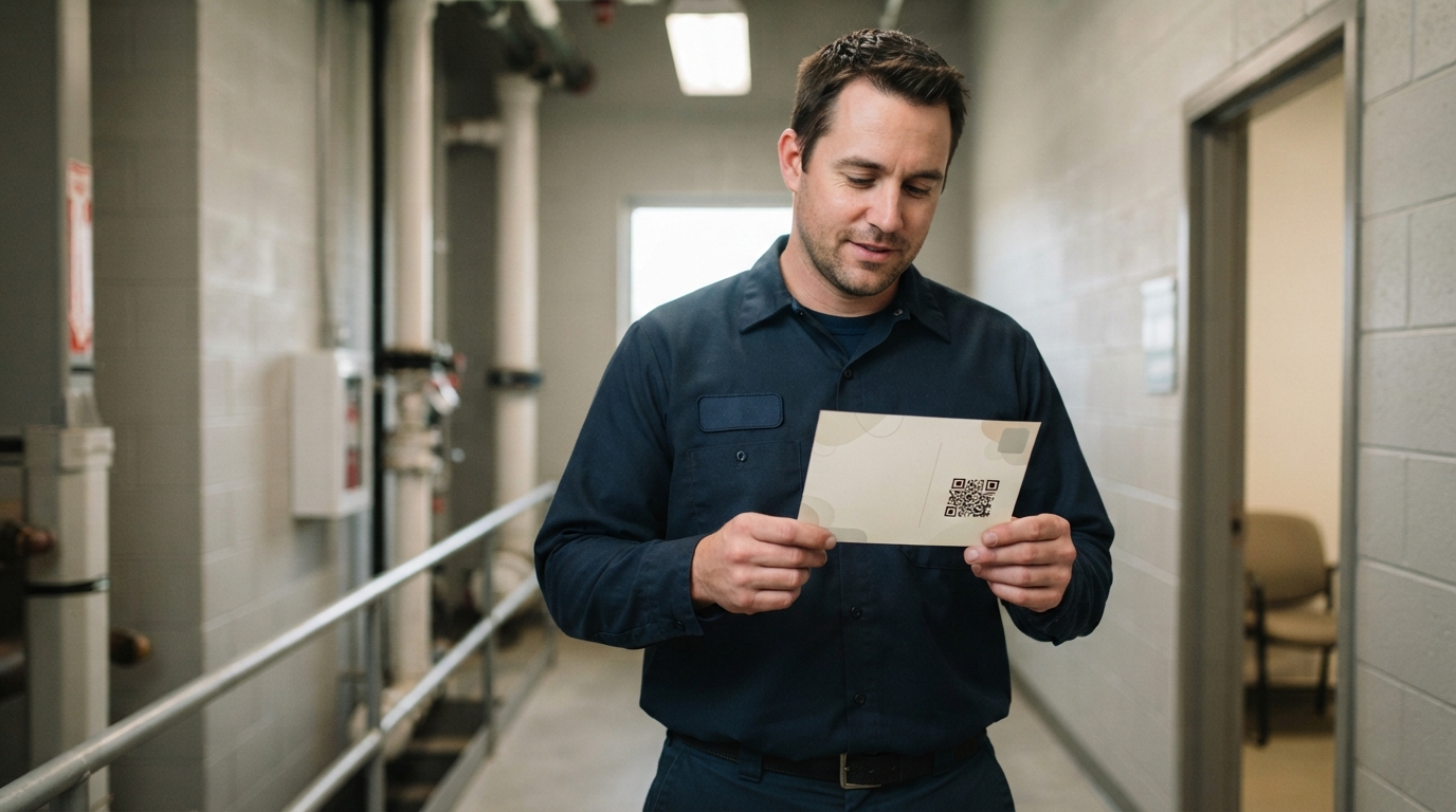 A uniformed worker holds a postcard with a QR code in a tiled industrial corridor lined with pipes and railings.