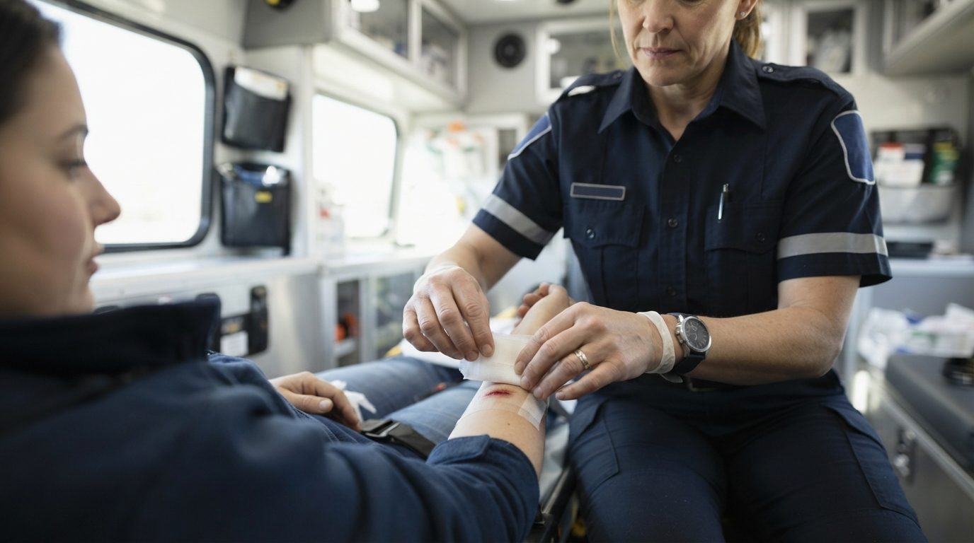 A uniformed emergency medical worker wraps a bandage around a person's injured arm inside an ambulance.