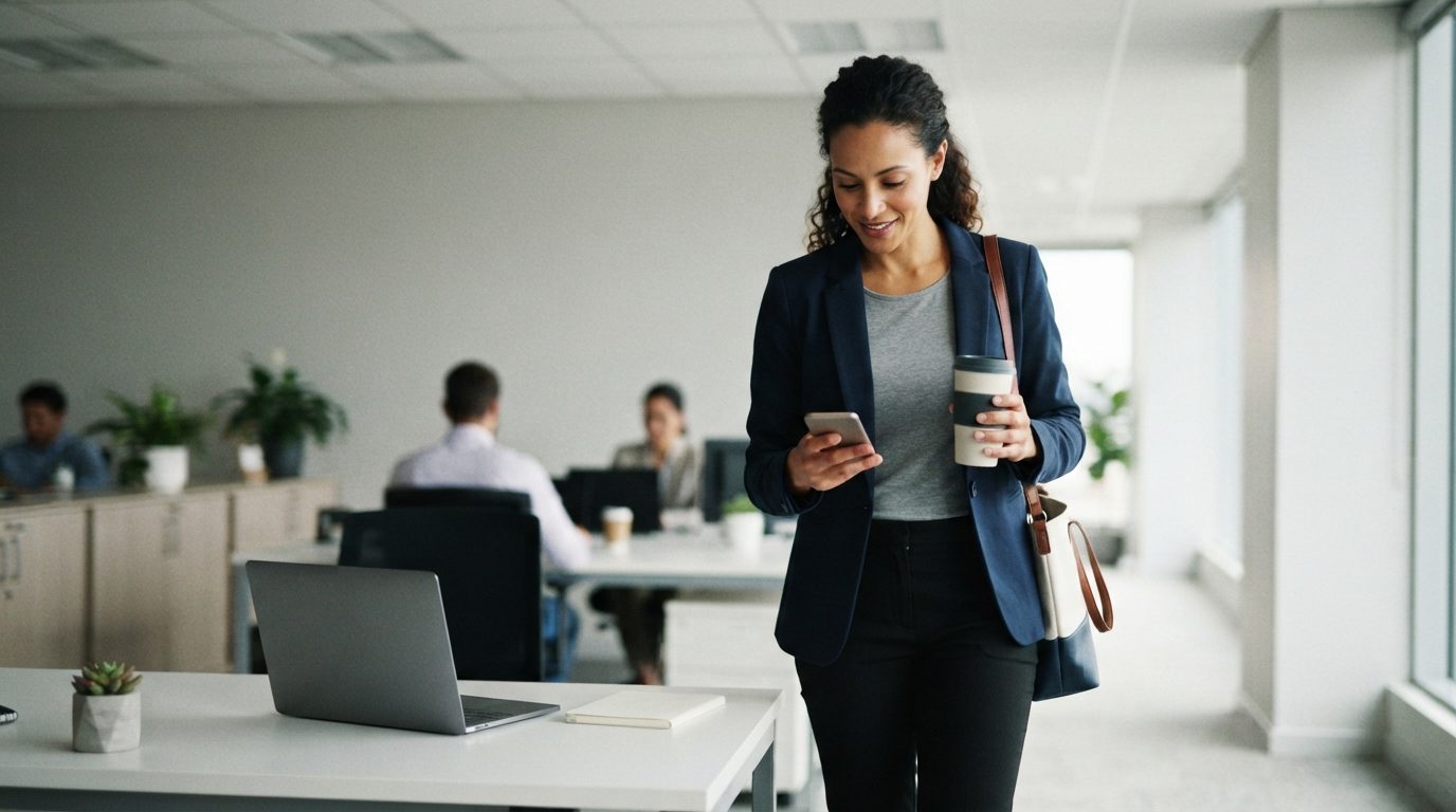 A person in business attire walks through a bright open office while looking at a smartphone and carrying a takeaway cup, with coworkers, desks, and an open laptop behind them.