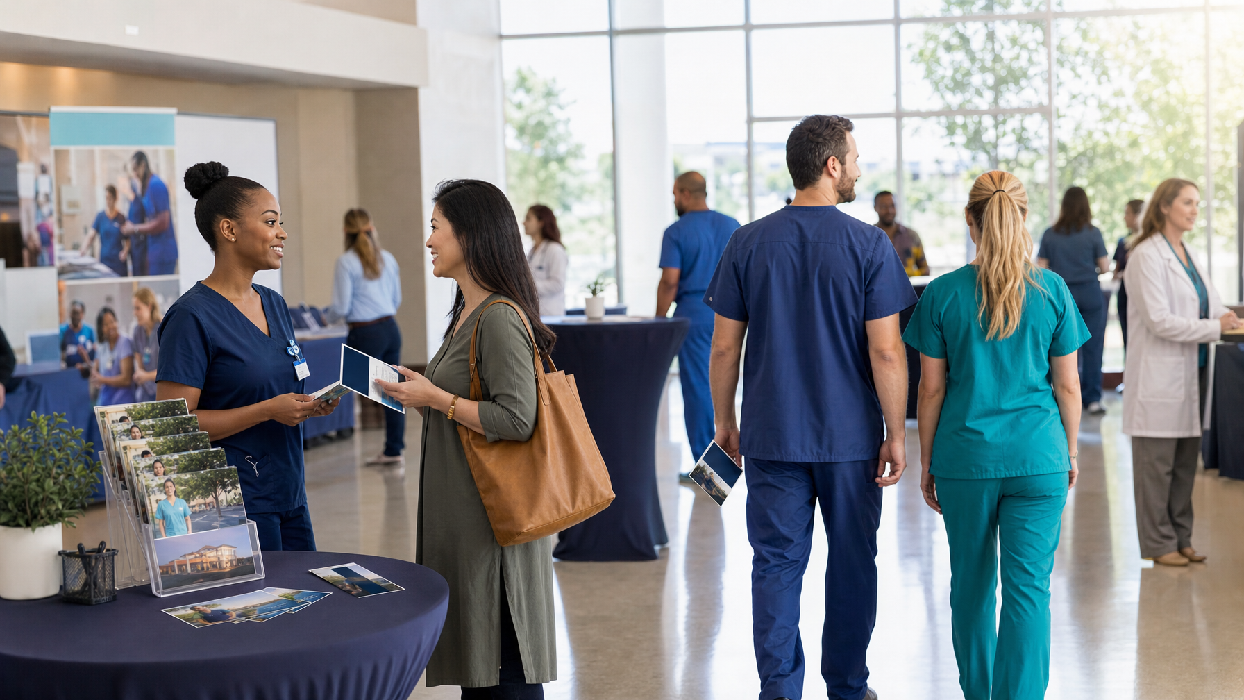 People in medical scrubs and a white coat converse and browse brochures at a busy indoor event hall with information tables and large windows.