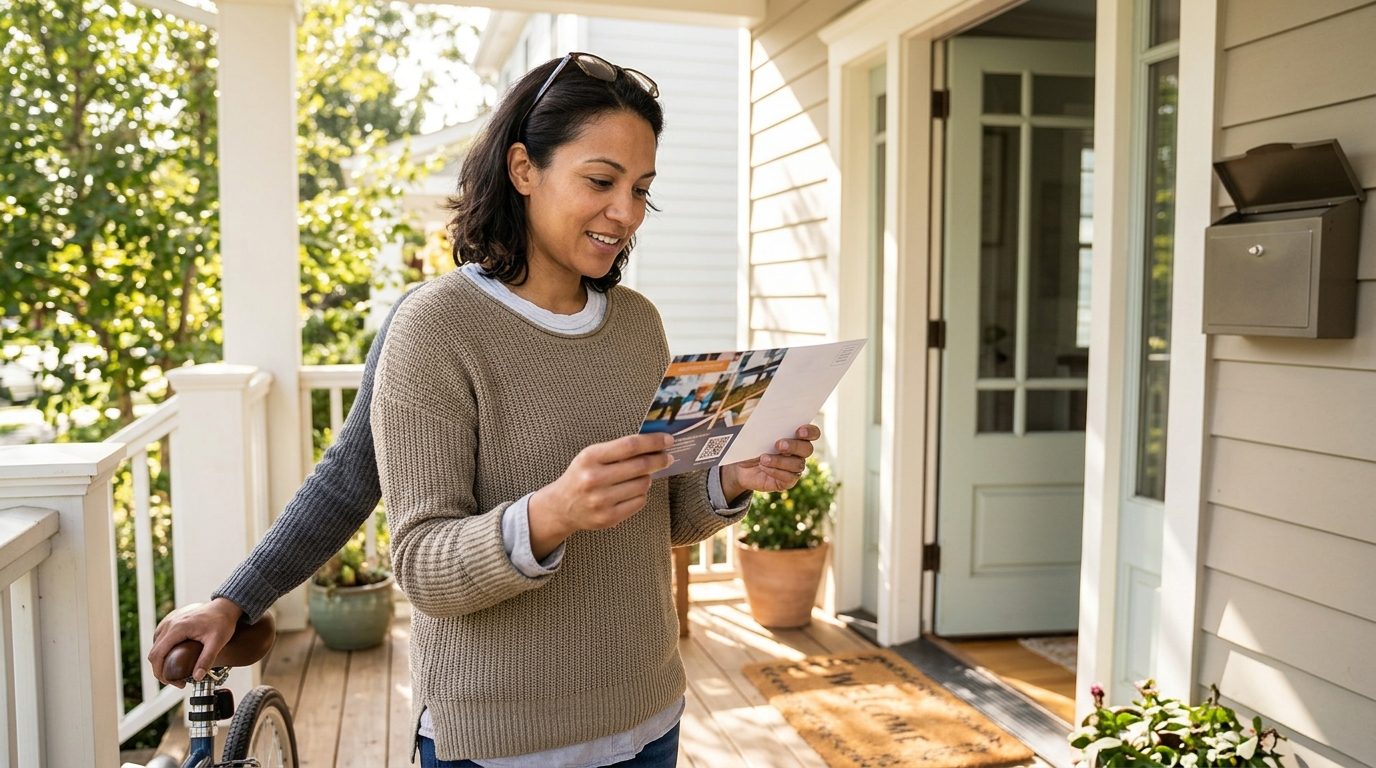 A person reads a designed postcard while standing beside a bicycle on a sunlit residential porch.