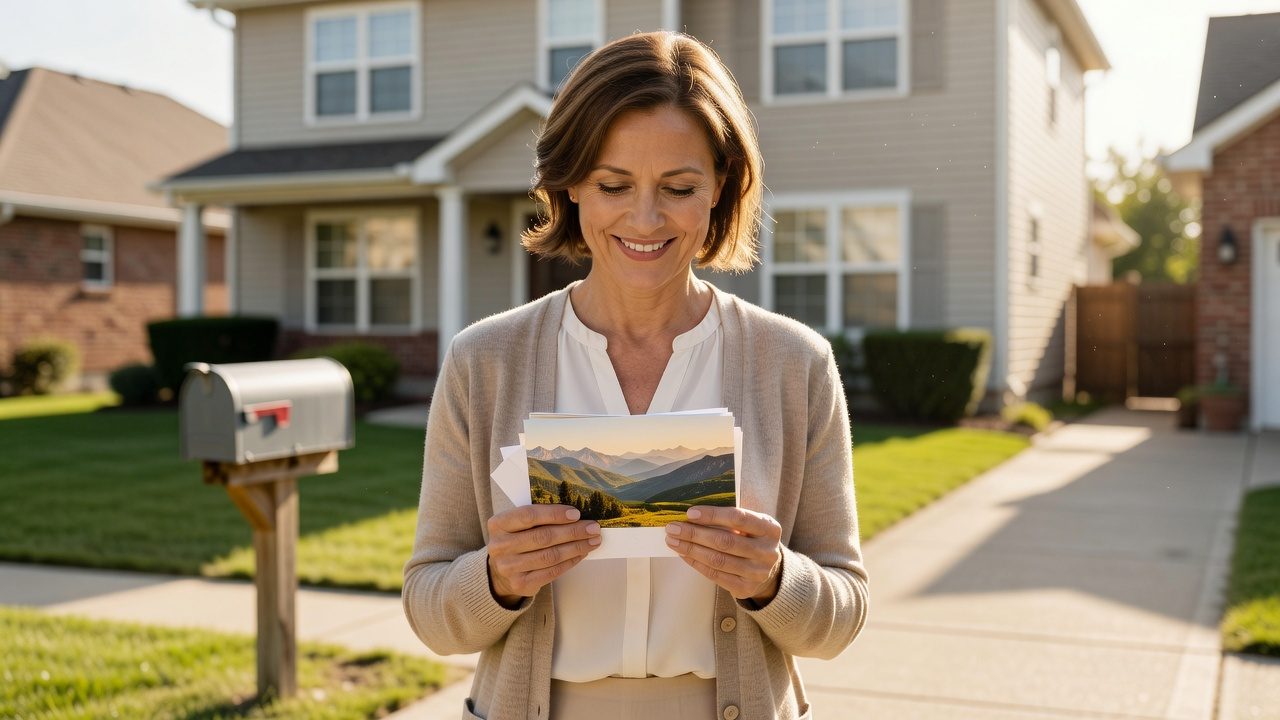 A woman holds several landscape postcards while standing beside a mailbox in a suburban neighborhood.