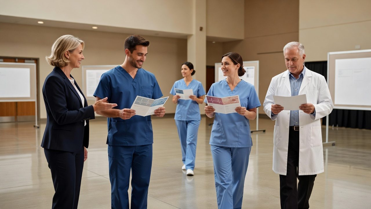 Healthcare workers in scrubs and a lab coat walk through a conference hall holding brochures while a business-dressed woman gestures beside them.